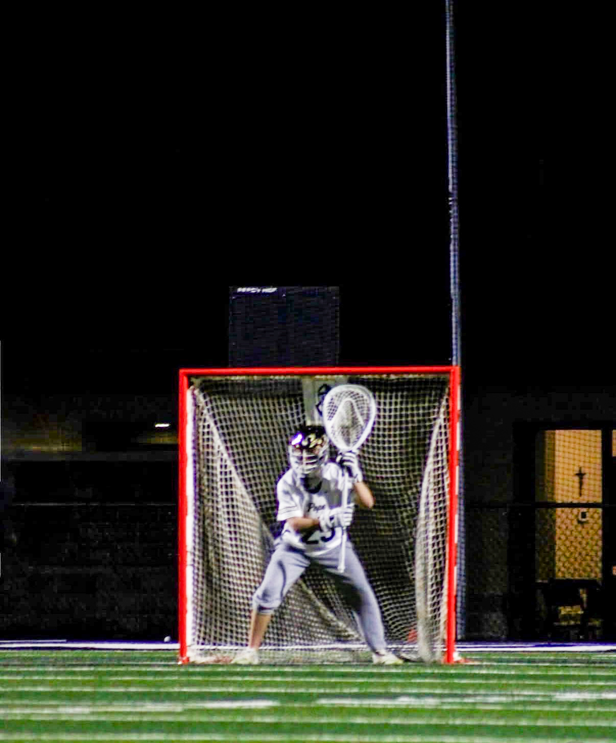 Carter Bahorik playing lacrosse goalie